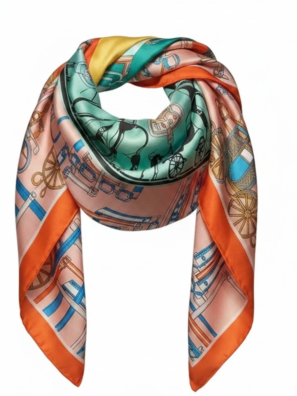 Luxury 100% silk long scarf, wrap Multicolor Patterned horse-carriage new